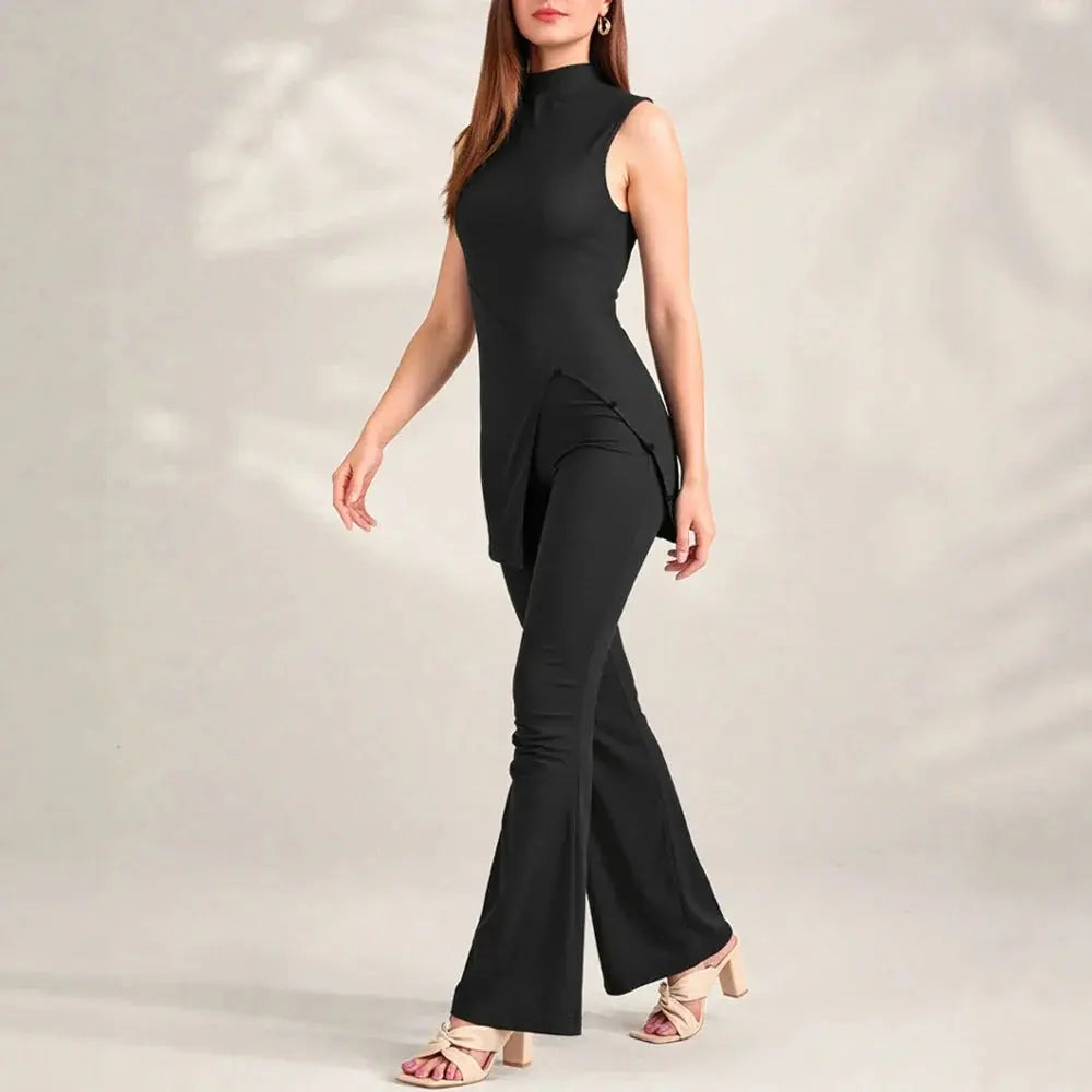 Chic Sleeveless Two-Piece Set: Stand Collar & Lettuce Hem - Loran