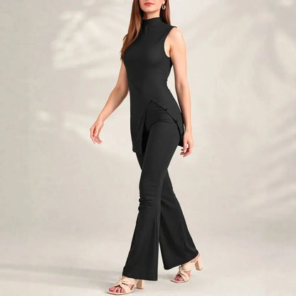 Chic Sleeveless Two-Piece Set: Stand Collar & Lettuce Hem - Loran