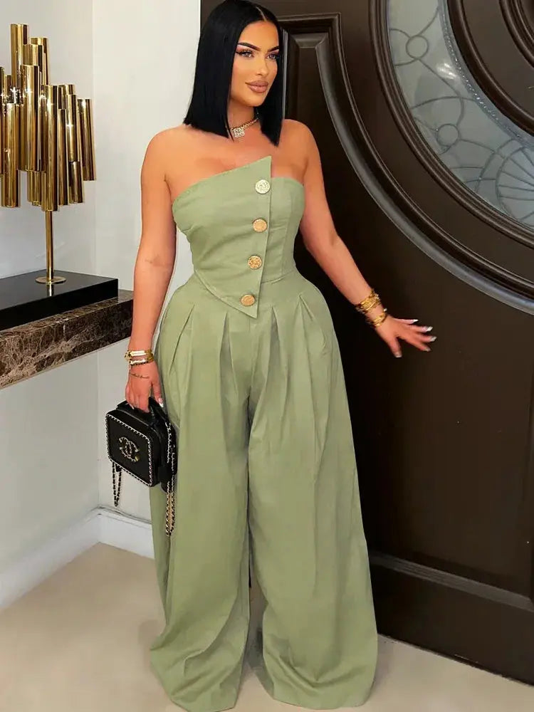 Button Detail Wide Leg Jumpsuit - Loran