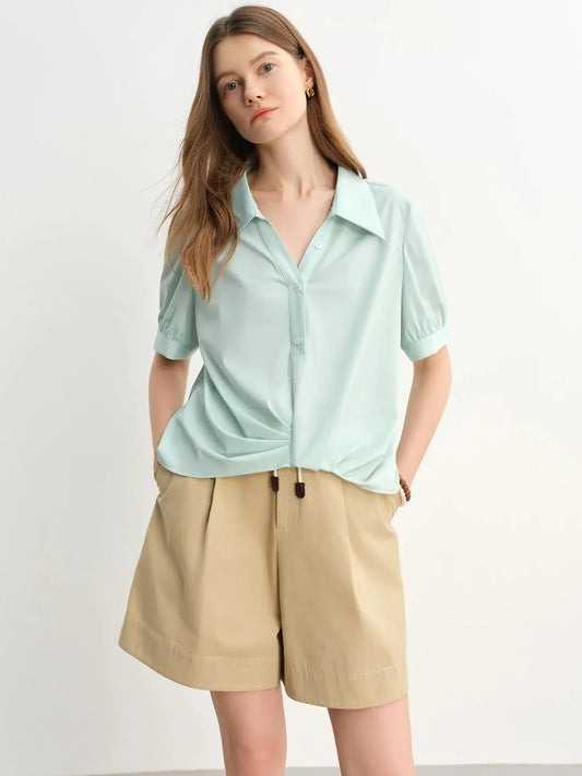 Short-Sleeved Pleated Top, Asymmetrical Hem - Loran