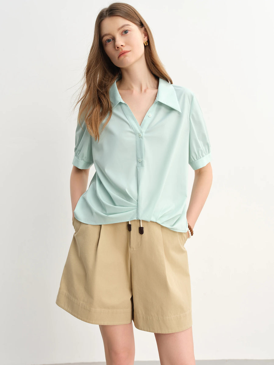 Short-Sleeved Pleated Top, Asymmetrical Hem