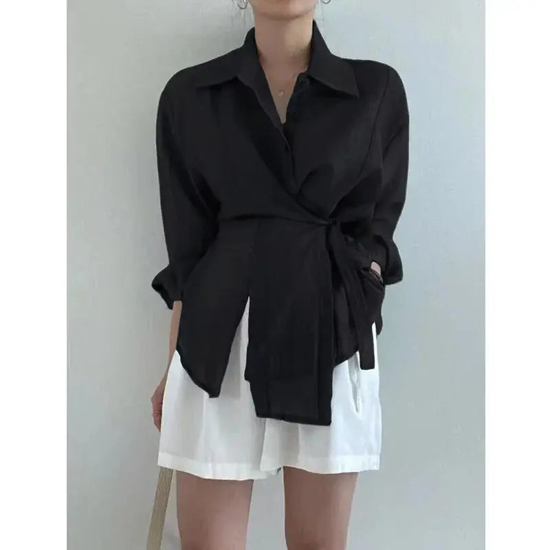 Chic Long Sleeve Button-Down Shirt with Asymmetrical Hem - Loran