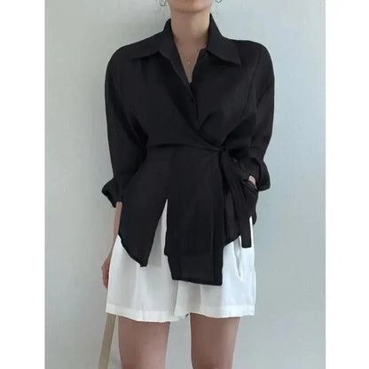Chic Long Sleeve Button-Down Shirt with Asymmetrical Hem - Loran