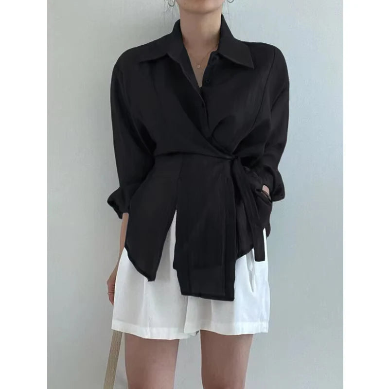 Chic Long Sleeve Button-Down Shirt with Asymmetrical Hem