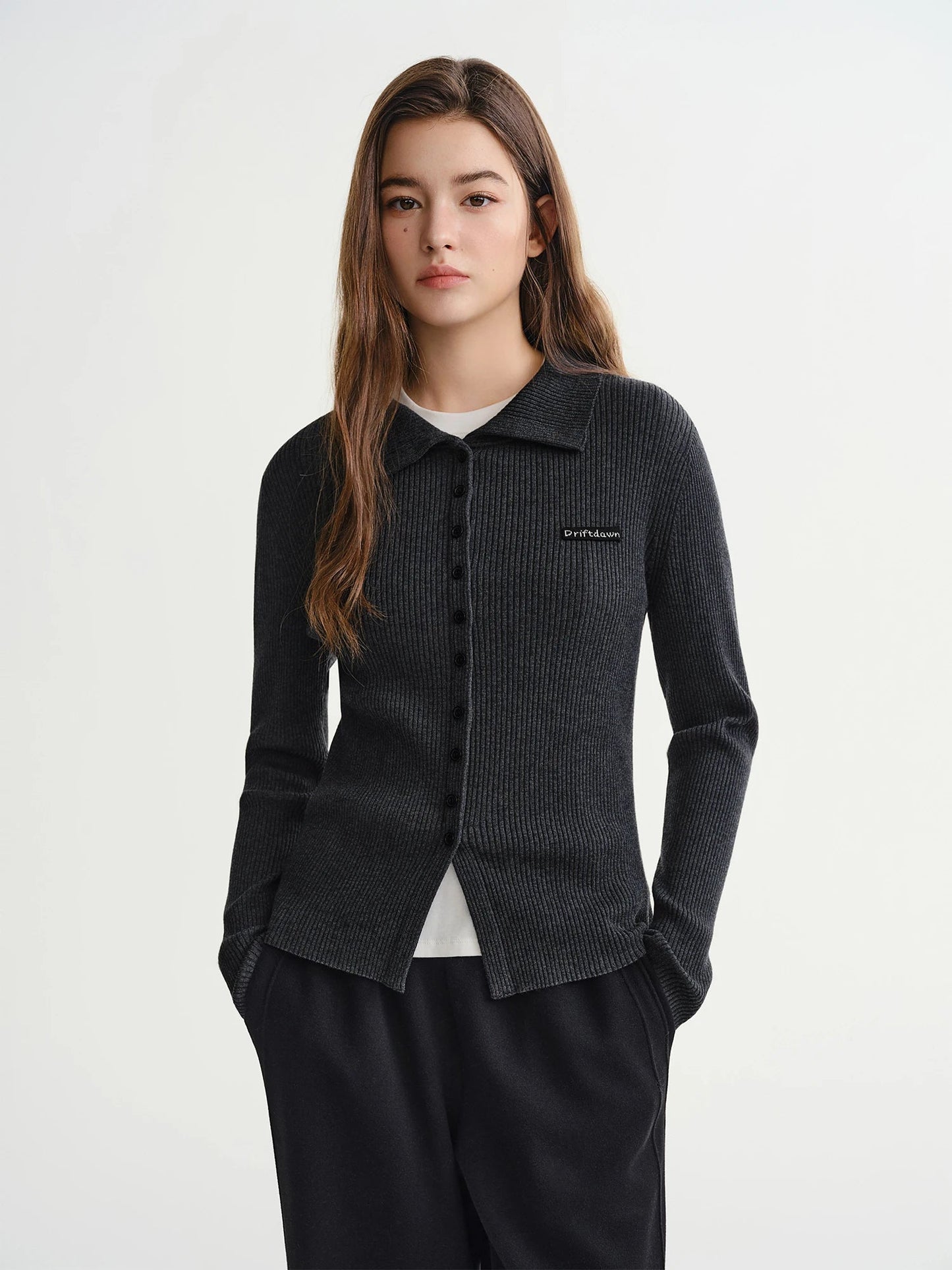 Slim-Fit Lapel Cardigan Ribbed Long Sleeve Fall Top Loran