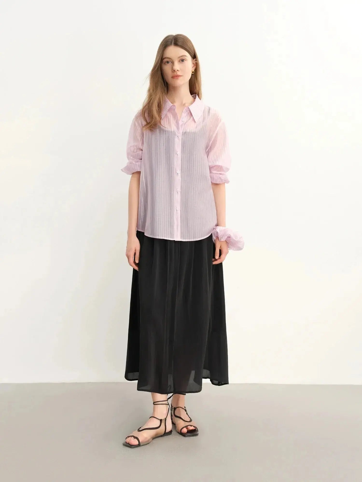 Plus Size Striped Sheer/Perspective Long-Sleeve Blouse LORAN STORE