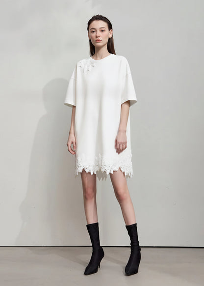 Amii Women's T-shirt 2026 Spring New O-neck Drop Shoulder Short Sleeve Patchwork Lace Cotton T-shirt Women's Loose Top 12611010 Loran