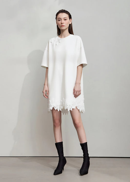 Amii Women's T-shirt 2026 Spring New O-neck Drop Shoulder Short Sleeve Patchwork Lace Cotton T-shirt Women's Loose Top 12611010 Loran