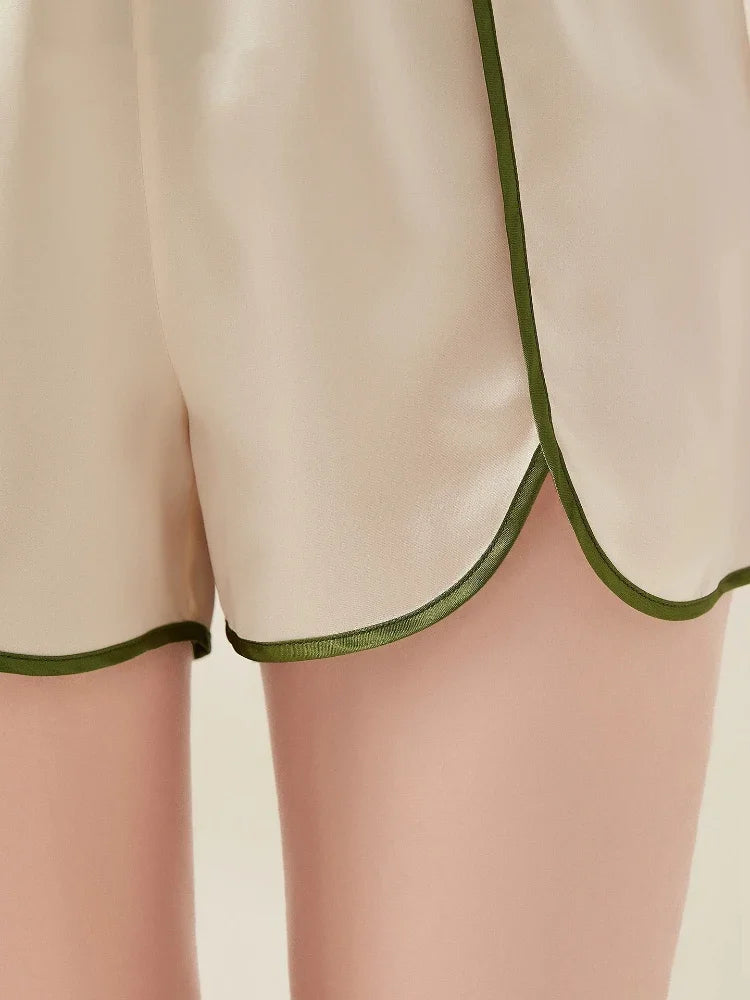 Heavy Mulberry Silk Short Sleeve Shorts 2-Piece Pajama Set Contrast Color Round Neck Women's Leisure Sleepwear PJ Summer Pajamas Loran