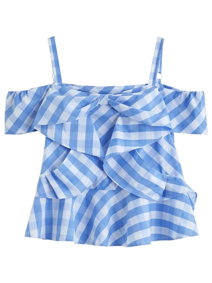 Asymmetric Checkered Blouse with Geometric Print - Loran