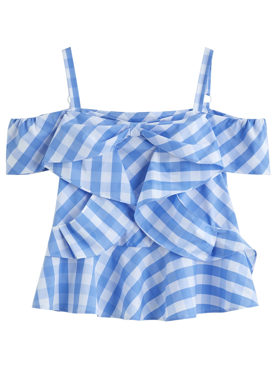 Asymmetric Checkered Blouse with Geometric Print