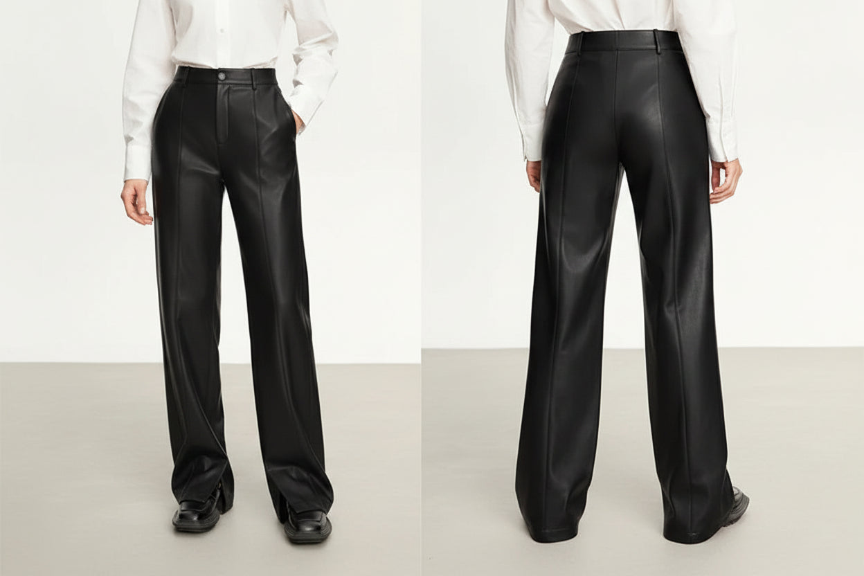 AMII Minimalist PU Leather Casual Pants for Women 2025 Autumn New Loose Floor Length Straight Slit Female Trousers 12343250 Loran