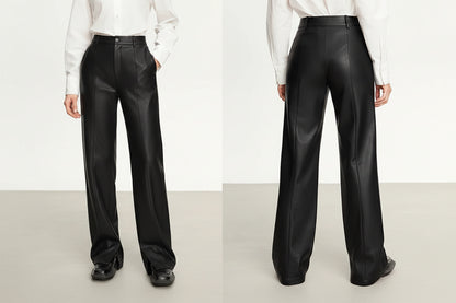 AMII Minimalist PU Leather Casual Pants for Women 2025 Autumn New Loose Floor Length Straight Slit Female Trousers 12343250 Loran