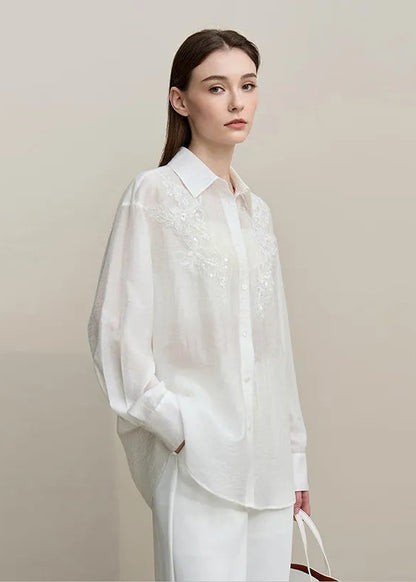 Amii Women Shirts 2026 Spring New Versatile Lapel Long Sleeve Shirt Women's Embroidery Casual Straight Mid‑Length Top 12641067 Loran