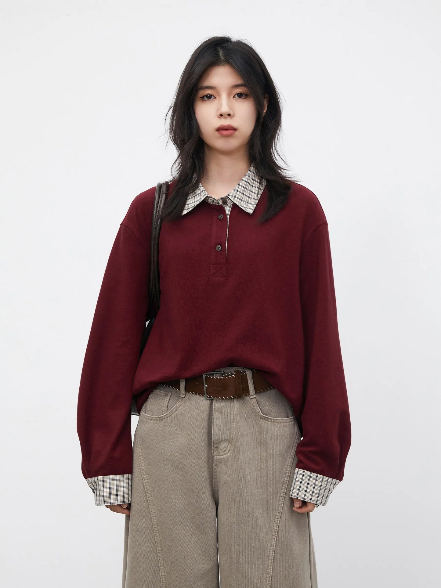 Color Block Plaid T-Shirt  Loose Casual Long Sleeve Loran
