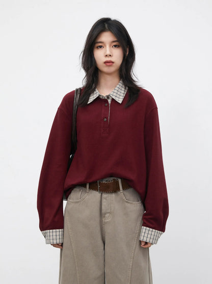 Color Block Plaid T-Shirt  Loose Casual Long Sleeve Loran