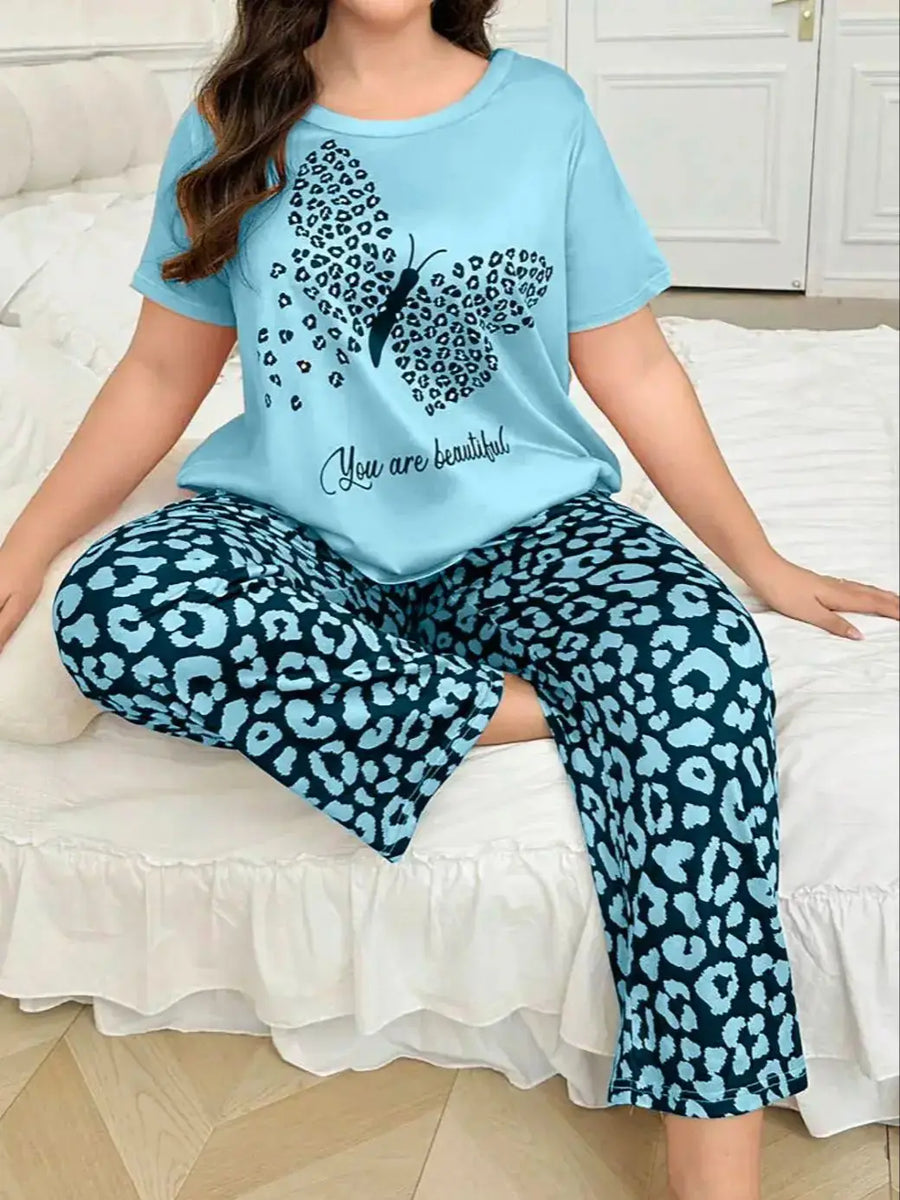 Plus size short-sleeved crew neck set pajamas