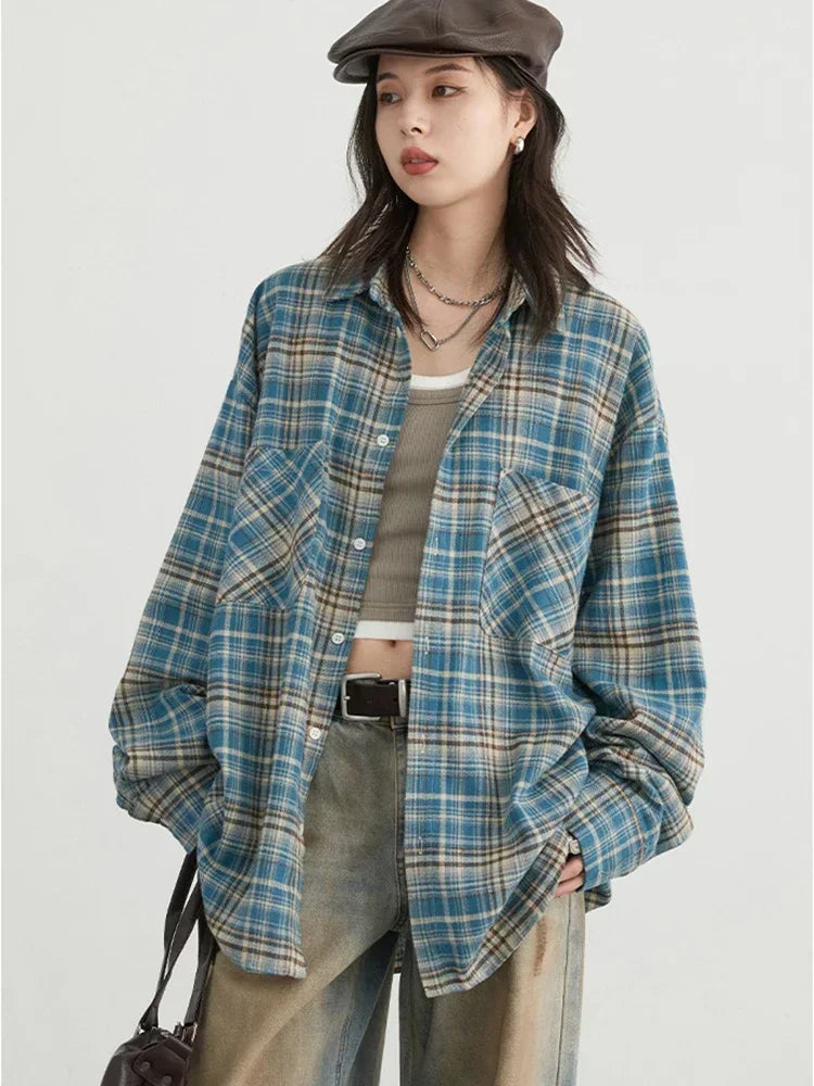 Retro Color Block Grid Cotton Shirt Loose Fit Blouse Loran