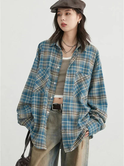 Retro Color Block Grid Cotton Shirt Loose Fit Blouse Loran