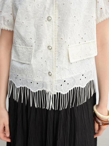 White Lace Embroidery Chic Summer Shirt Tassel Detail Loran