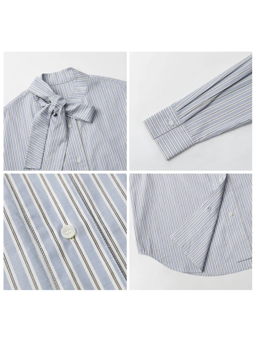 CHIC VEN Women Shirt Loose New Bow Tie Tied Blue Striped Long Sleeved Casual Blouses Cotton Female Top Spring Autumn 2025 Loran