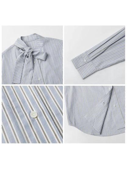 CHIC VEN Women Shirt Loose New Bow Tie Tied Blue Striped Long Sleeved Casual Blouses Cotton Female Top Spring Autumn 2025 Loran