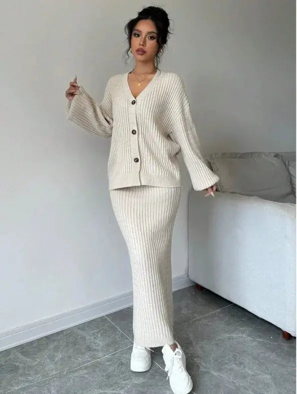 Knitted Cardigan Sweater & Skirt Two-Piece Suit - Loran