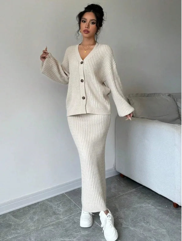 Knitted Cardigan Sweater & Skirt Two-Piece Suit