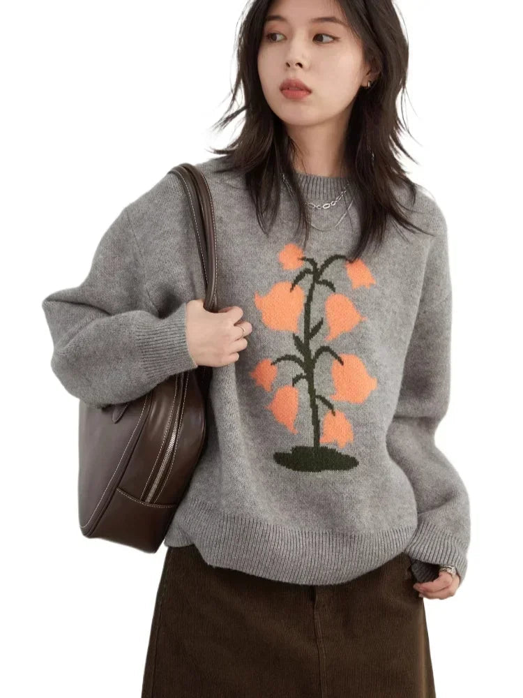 O-Neck Floral Cashmere Sweater Warm Winter Jumper Loran
