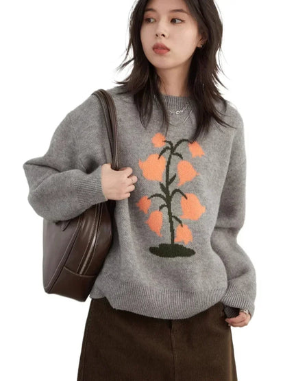 O-Neck Floral Cashmere Sweater Warm Winter Jumper Loran