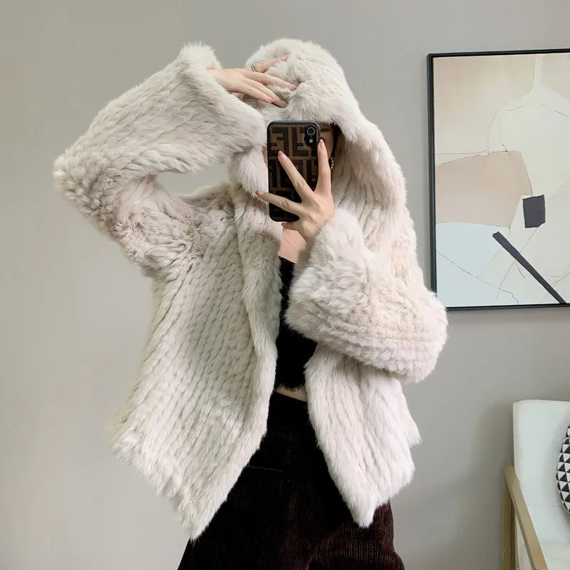 Luxurious Rabbit Fur Knit Hooded Coat