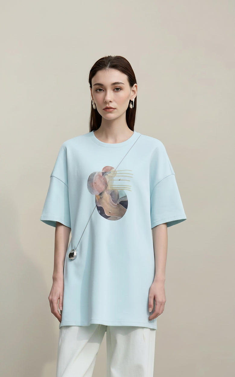 Amii Women's T-shirt 2026 Spring New Casual Crew Neck Down Shoulder Sleeves Printing T-Shirt Women's Loose Cotton Top 12611006 Loran