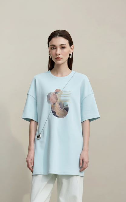 Amii Women's T-shirt 2026 Spring New Casual Crew Neck Down Shoulder Sleeves Printing T-Shirt Women's Loose Cotton Top 12611006 Loran