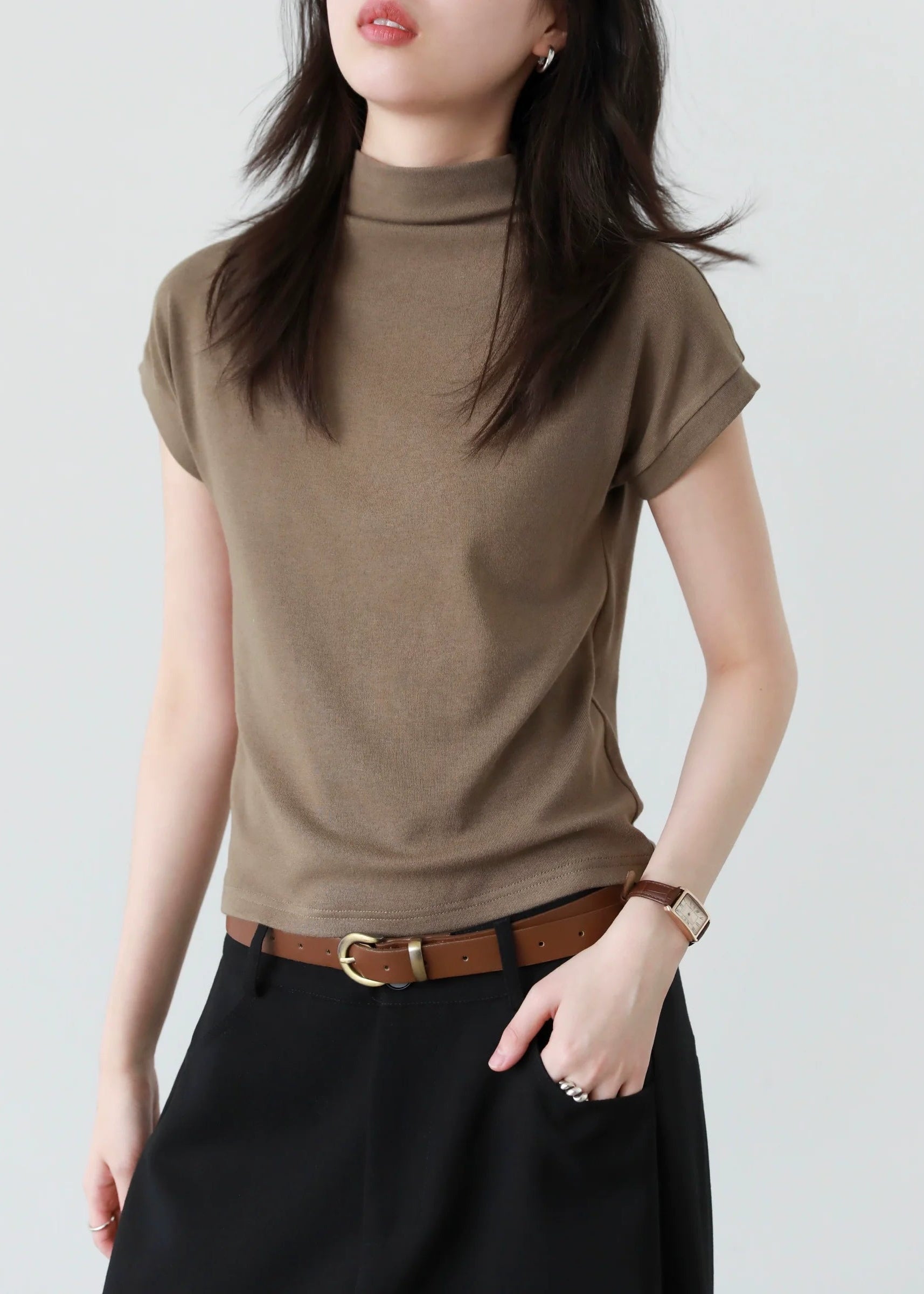 CHIC VEN Women T-Shirts Solid Half High Neck Slim Fit Tees  Elastic Basic Female Bottom Top Spring Autumn 2025 Loran