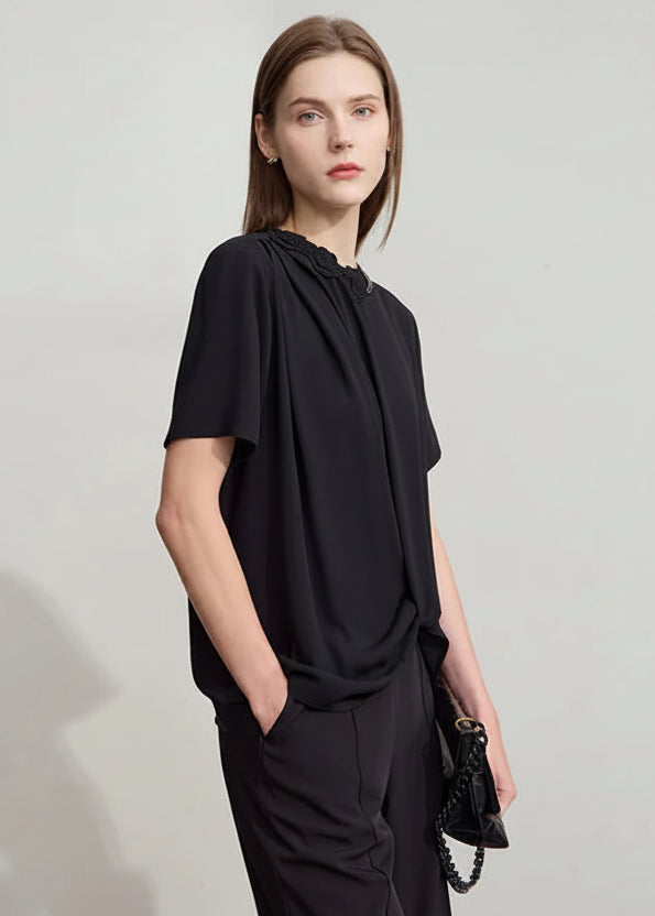 Amii Minimalist Premium Chiffon Shirt Women 2025 Summer Round neck Office Lady flower Chain Ruffles Solid color Blouse 12542251 Loran