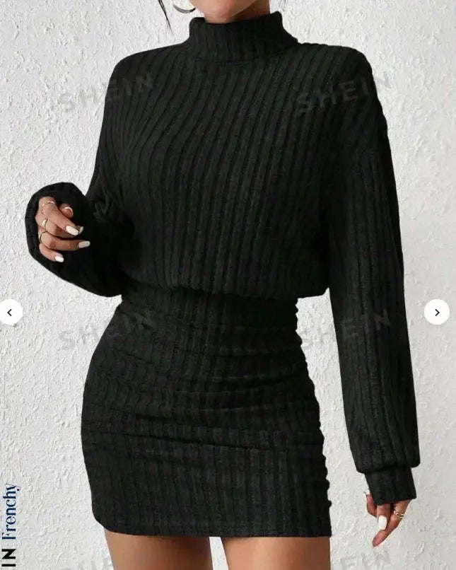 Long Sleeve High-Neck Midi Sweater Dress - Loran