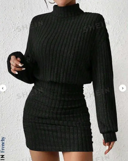 Long Sleeve High-Neck Midi Sweater Dress - Loran