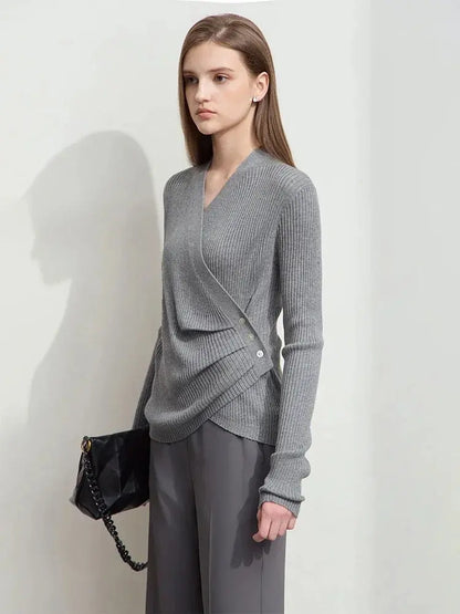 Women's V-Neck Knitted Sweater with Shell Buckle Detail - Loran