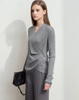 Women's V-Neck Knitted Sweater with Shell Buckle Detail