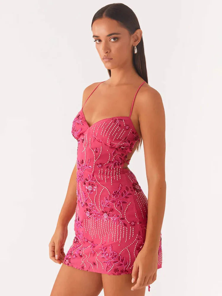 Women's Sequin Backless Spaghetti Strap Dress