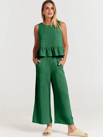Summer Pleated Wide-Leg Pant Set - Loran