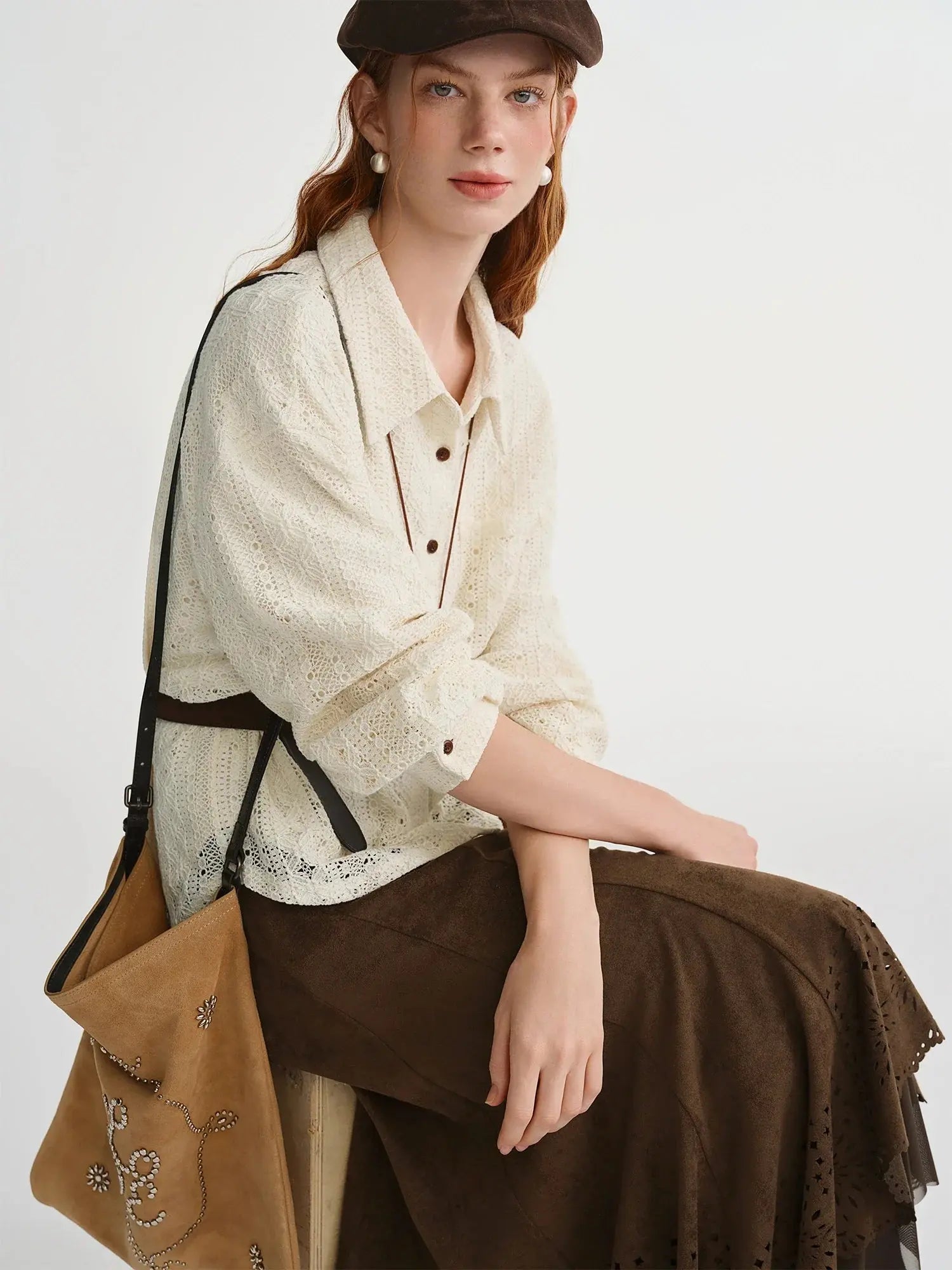 Soft French Style Commuting Top with Hollow Out Embroidery - Loran