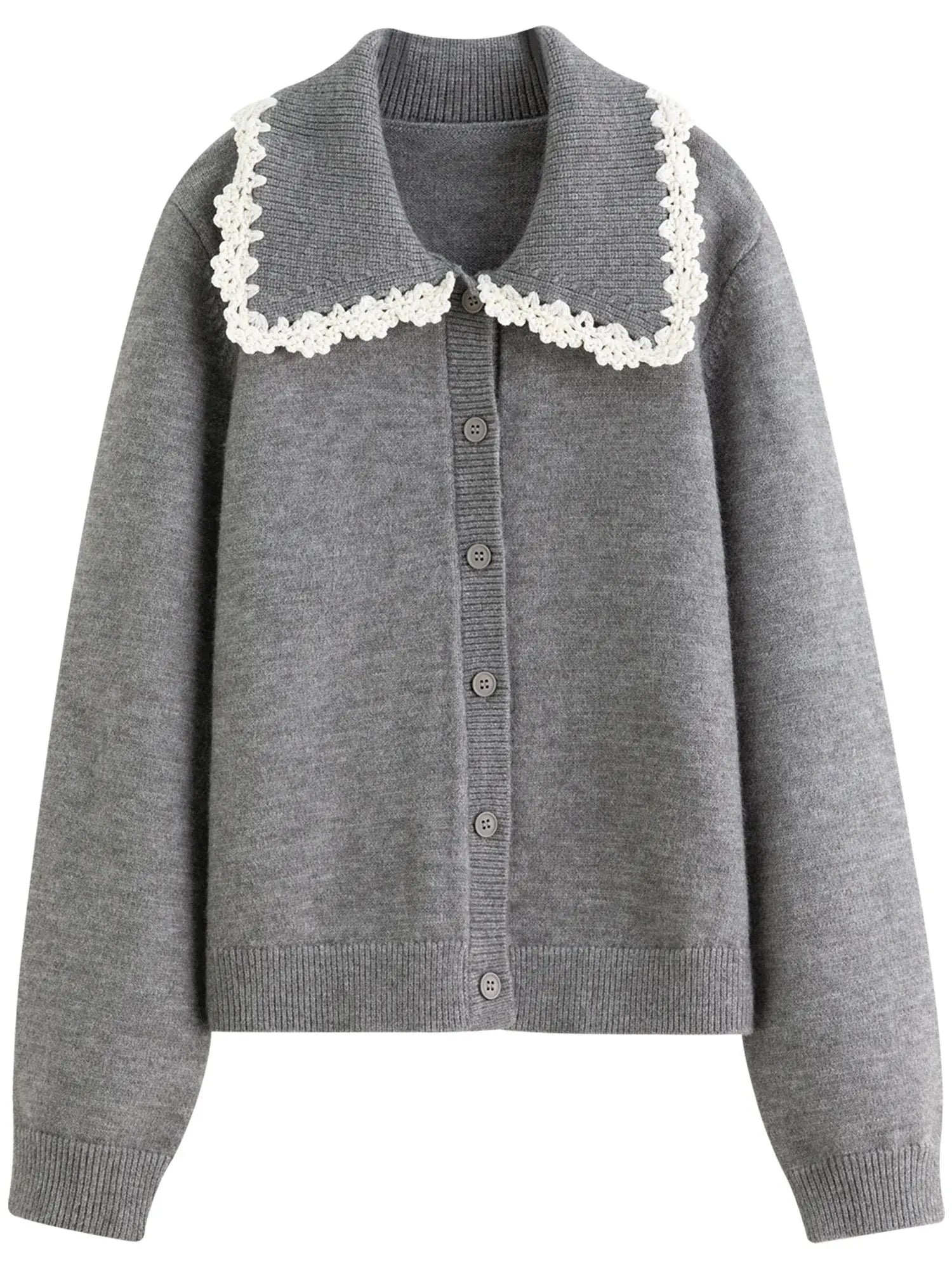 Embroidered Knit Cardigan with Lace Trim and Collar - Loran