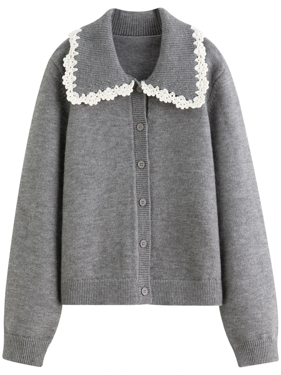 Embroidered Knit Cardigan with Lace Trim and Collar