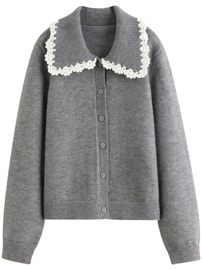 Floral Embroidered Cardigan Sweet Lace Trim Knit Loran