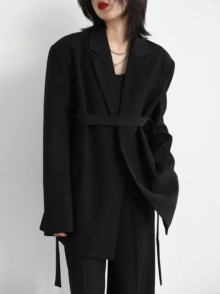Wide Shoulder Ribbon Blazer Long Autumn Overcoat Loran