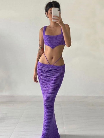 Purple Knitted 2 Piece Summer Set Women Crochet - 3IN SMART Shop  #