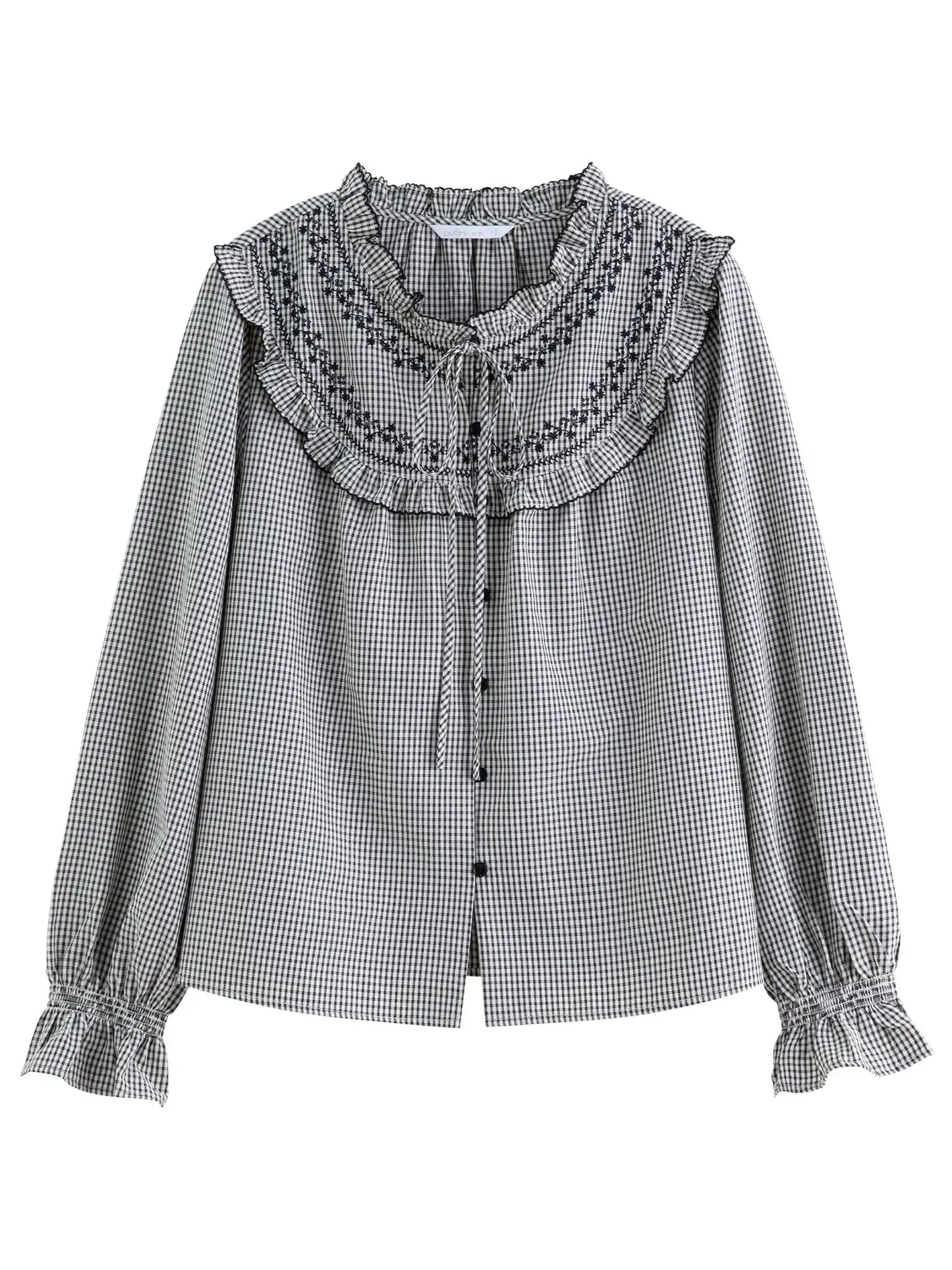 Sweet French Style Ruffled Plaid Shirt for Women - Loran