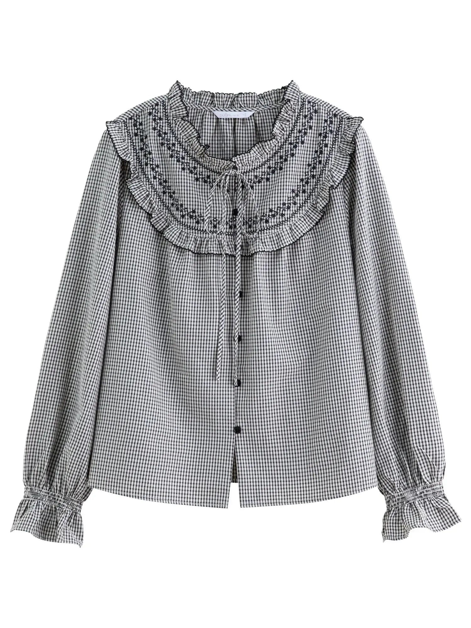 Sweet French Style Ruffled Plaid Shirt for Women - Loran