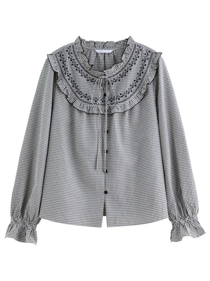 Sweet French Style Ruffled Plaid Shirt for Women - Loran